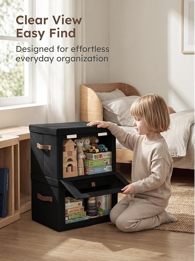 Homsorout Medium Fabric Storage Bins - Closet Shelf Organizer with Open Window, 5 Pack Closet Baskets for Shelves, Stackable Decorative Boxes for Home, Dorm, Black, 13.7" x 9.8” x 9.8"