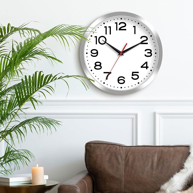 Roymnie Wall Clock Silent Non-Ticking Modern Clock Battery Operated 12 Inch Small Classic Analog Decorative for Kitchen, Bathroom, Office, Bedroom, Home(Silver)