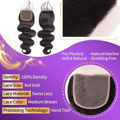 12A Human Hair Bundles 3 Bundles with Closure 16 18 20+14 Inch Brazilian Body Wave Bundles with 4x4 HD Lace Closure 100% Unprocessed Virgin Quick Weave Natural Black