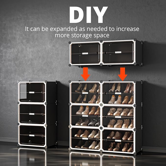 MAGINELS 6-Tier Shoe Rack,Expandable Plastic Shoe Cabinet. Shoe Storage with Door,Entryway, Closets, Hallway, and Bedroom.Accommodates Up to 24 Pairs of Shoes.Grey (3 by 6)