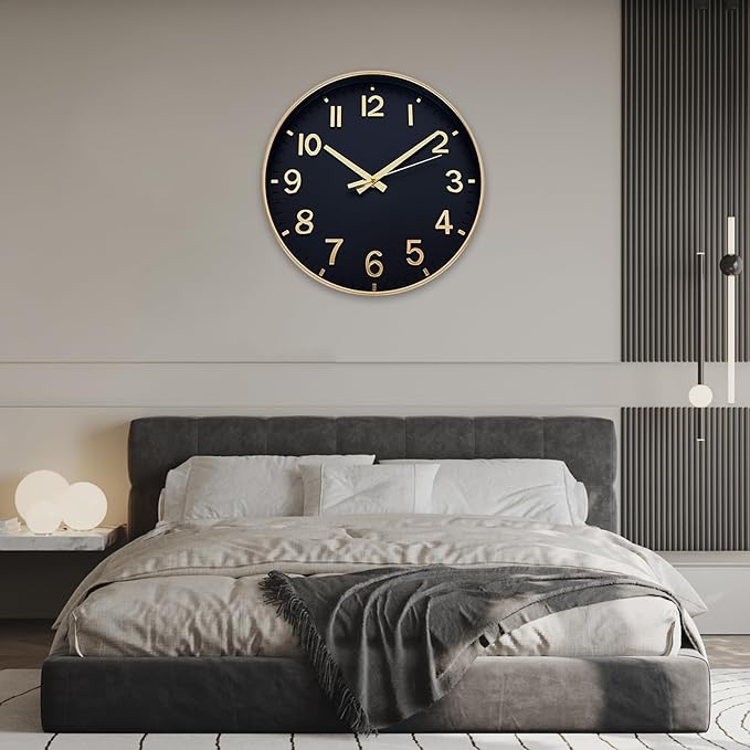 HZDHCLH Wall Clocks Battery Operated,Wall Clock Black Gold,10 inch Wall Clock Silent Non Ticking Modern 3D Numbers for Kitchen Bedroom Living Room Office Classroom Decor