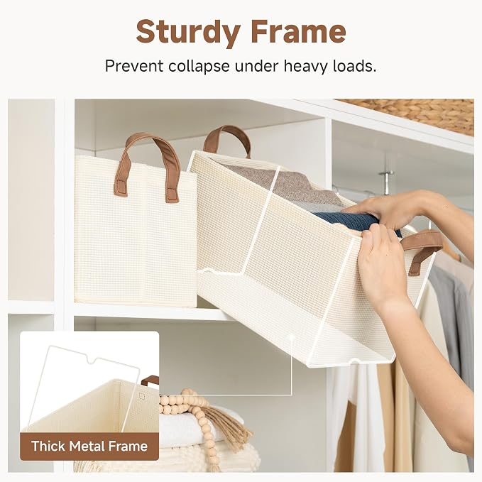 StorageWorks Storage Bins, Shelves Baskets for Organizing, Fabric Closet Organizers with Handles, Metal Frame, Beige-Texture, 2-Pack