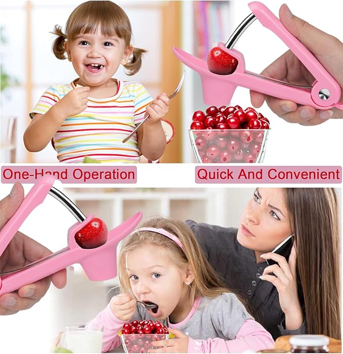 Cherry Pitter Tool Pit Remover, Cherry Core Remover Tool with Space-Saving Lock Design, Heavy-Duty Cherry Pit Remover for Kids/Making Cherry Jam (Pink)