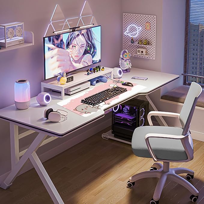 Pink Large Gaming Mouse Pad Cat Desk Pad XXL Cute Mouse Mat 35x15.7x0.12 inch Desk Accessories Kawaii Keyboard Pad (Pink -5)