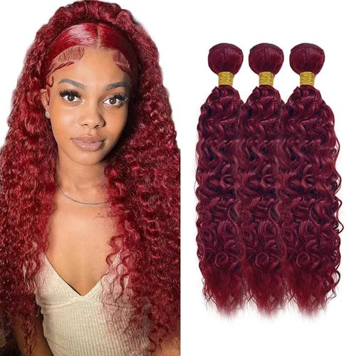 Fabimiya Human Hair Bundles Burgundy 99J Water Wave 22 24 26 Inch Bundles Human Hair 100% Unprocessed Burgundy Soft Sewn In Hair with Double Weft for Black Women