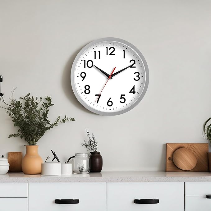 DAXSMY Wall Clock Modern Battery Operated 10 Inch Simpel Silent Non Ticking Decorative for Kitchen Office Outdoor Bedroom Living Room School Classroom(Silver)