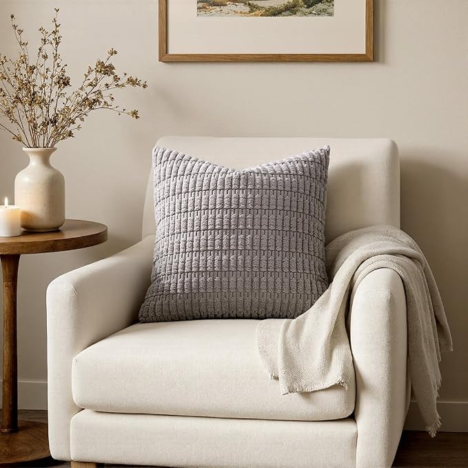MIULEE Pack of 2 Corduroy Decorative Throw Pillow Covers 18x18 Inch Soft Boho Striped Pillow Covers Modern Farmhouse Home Decor for Sofa Living Room Couch Bed Light Grey
