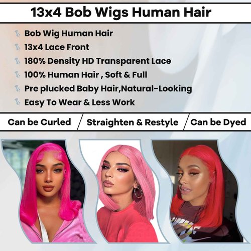 Blonlier Pink Bob Wig Human Hair Glueless Wigs Human Hair Pre Plucked Pre Cut 13X4 HD Transparent Straight Pink Short Bob Wig Human Hair Frontal Lace Wig, 16in
