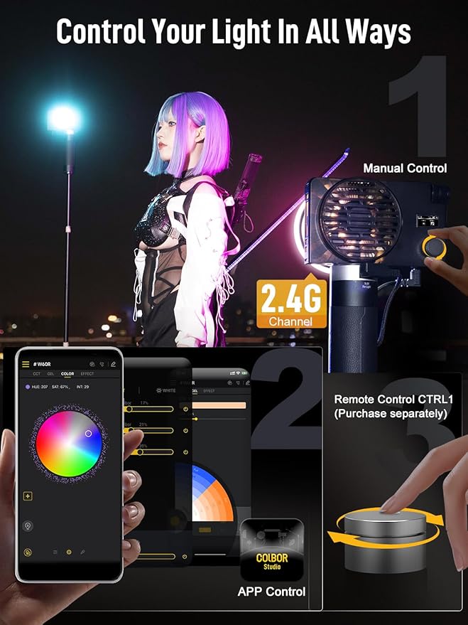 COLBOR W60R RGB Video Light, 60W 2700-6500K Full Color Pocket COB Continuous Output Lighting LED Studio Light CRI97+ TLCI98+ with APP Control for Photography