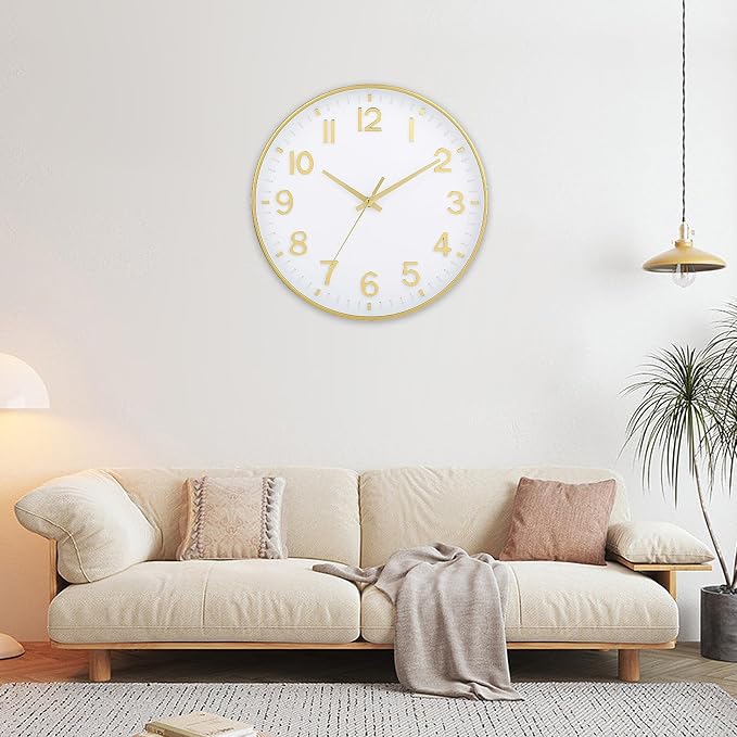 HZDHCLH Wall Clocks Battery Operated,Wall Clock White Gold,8 inch Wall Clock Silent Non Ticking Modern 3D Numbers for Office Kitchen Classroom Bedroom Living Room Decor