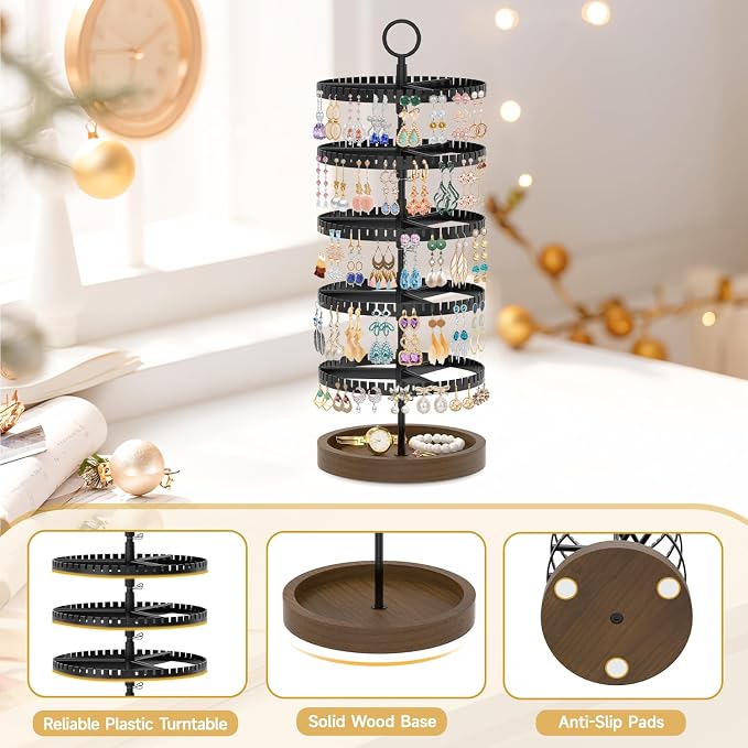 MODOWEY 5 Tier Rotating Earring Holder Organizer Display Tree with Wooden Tray, Adjustable Plastic Stand with 285 Slots for Stud Hoop Hanger, Large Capacity Storage Rack for Women Space Saving, Black