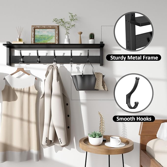 Optish Coat Rack Wall Mount with Shelf, 29 Inch Coat Hanger Walls Mounted, Hat Rack for Walls, Shelf with 5 Coat Hooks, Wall Hanger for Entryway (Black)