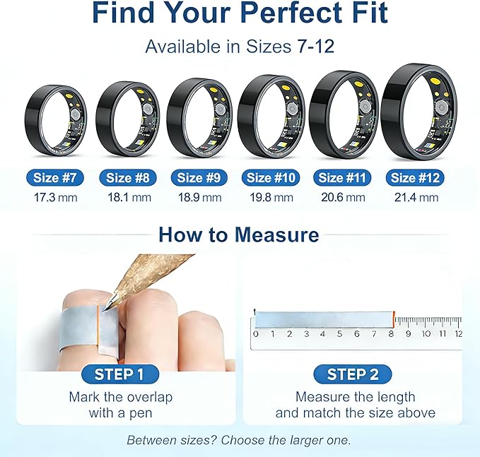 Smart Ring Health & Fitness Tracker for Men & Women, Heart Rate, SPO₂, Sleep & Activity Monitoring, IP68 Waterproof, Long Battery Life, Family Care Mode, No Subscription Fee (Black, 11)