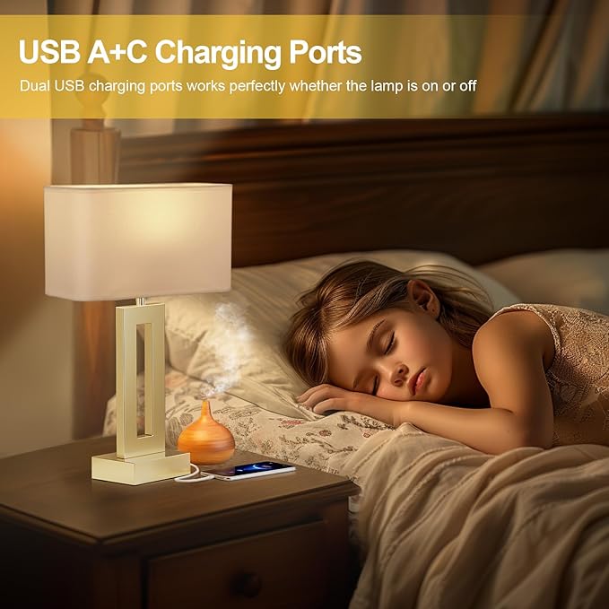 Seealle Bedroom Table Lamps Set of 2 - Touch Bedside Lamps with USB C+A, 3 Way Dimmable Gold Lamp for Nightstand, Modern Night Stands Lamps for Living Room End Tables Desk Bed Side Study Room(16.4n)
