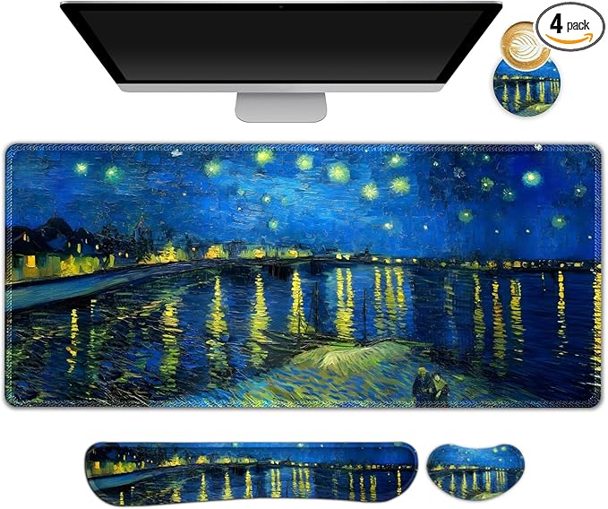 Large Gaming Mouse Pad Set, 4 in 1 Ergonomics Keyboard Desk Mat Memory Foam Wrist Rest, Computer Extended Game Mousepad, Non-Slip Desk Matt Easy Typing Pain Relief I Starry Night Over The Rhone