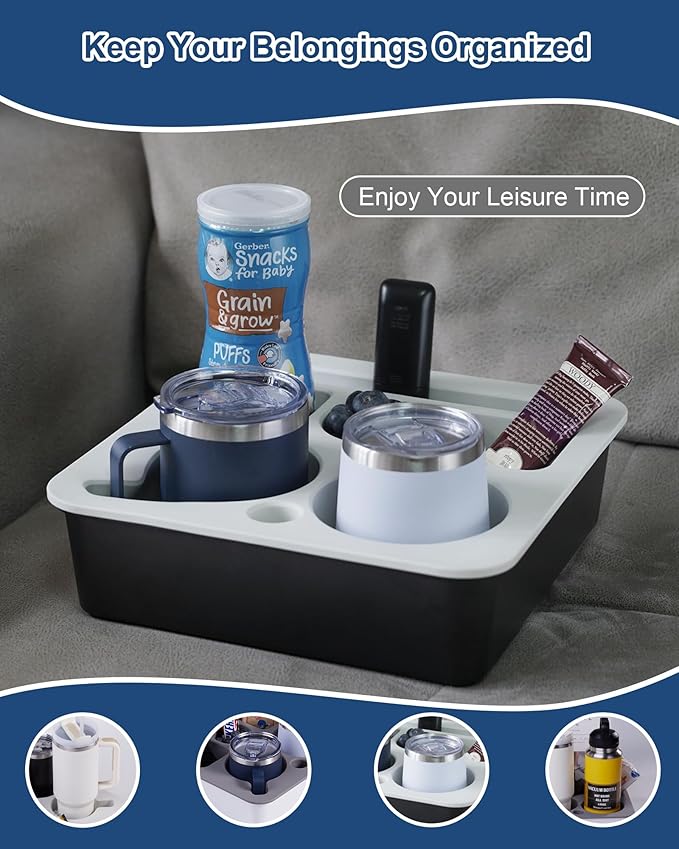 Couch Cup Holder Tray, Bonfixe Stable Couch Caddy for Bed and Sofa, Upgraded Capacity Health-Friendly Silicone Anti-Spill Drink Holder Organizer for Snacks Beverage (White-Gray)