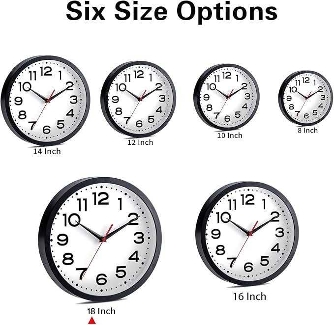 Roymnie Wall Clock Silent Non-Ticking Modern Clock Battery Operated 18 Inch Large Classic Analog Decorative for Classroom, Living Room, Office, Bedroom, School, Hotel (Black)