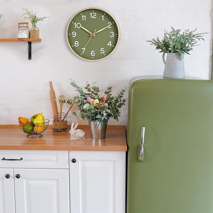 Roymnie Wall Clock 14 Inch Silent Green Wall Clocks Battery Operated- Modern Non Ticking Analog Clock Decorative for Living Room Bedroom Office Kitchen(Gold)