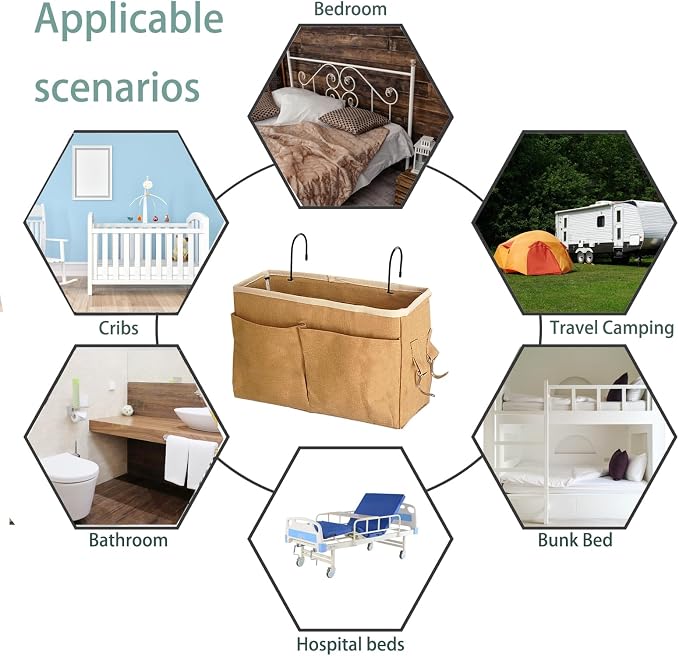 Bedside Caddy Bedside Hanging Storage Basket Multi-Function Organizer Caddy for Bunk and Hospital Beds Dorm Rooms Bed Rails, Can be Placed Glasses Books Mobile Phones（2pcs Dark khaki）