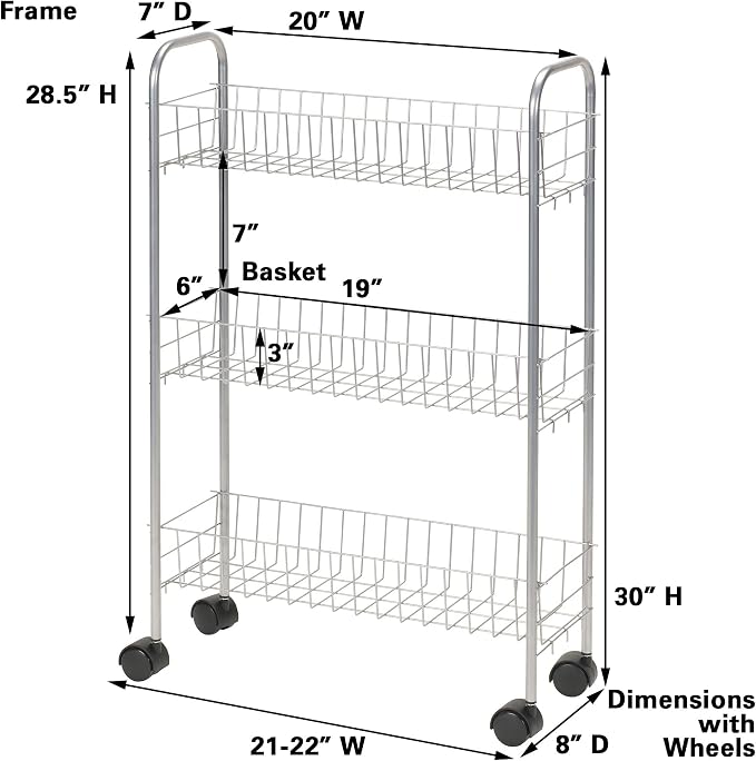 Household Essentials Slim Storage Cart, 3 Shelf Storage Cart with Wheels, Perfect for Laundry Rooms, Bathrooms, Pantries, Kitchens and More