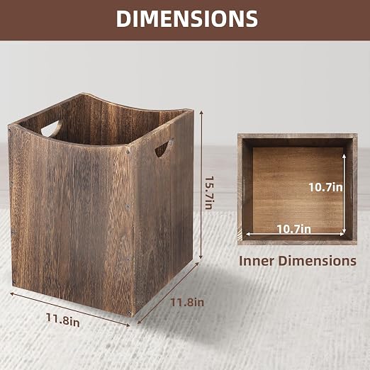 Large Wooden Trash Can 9 Gal Curved Design Office Waste Basket, Square Farmhouse Garbage Can, Brown Vintage Wood Trash Can Storage Basket With Handles for Bedroom Office Living Room Decorative