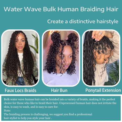 Human Braiding Hair 3 Bundles/Pack 150g Water Wave Bulk Hair No Weft 10A Brazilian Virgin Braiding for Boho Braids Wet and Wavy Braids Extensions (18 18 18inch)