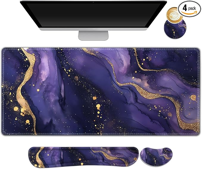 Large Gaming Mouse Pad Set, 4 in1 Ergonomics Keyboard Desk Mat with Memory Foam Wrist Rest, Extended Game Mousepad, Non-Slip Desk Pad Matt Easy Typing Pain Relief I Purple Golden Marble