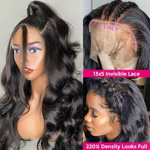 Wingirl 13×5 Lace Front Human Hair Wigs for Women 12A HD Transparent Body Wave Lace Front Wigs Human Hair Pre Plucked Bleached Knots (18 Inch (Pack of 1), 220% 1B# Color)