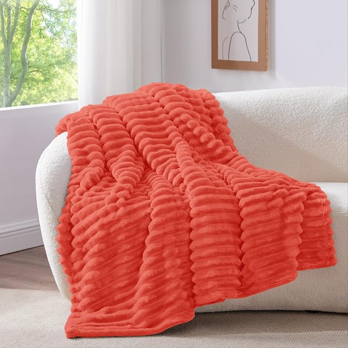 BEDELITE Twin Blanket for Couch & Bed, 300GSM Soft & Warm Fleece Blanket, Decorative and Giftable Striped Coral Red Blankets for Women, Men, 60"x80"