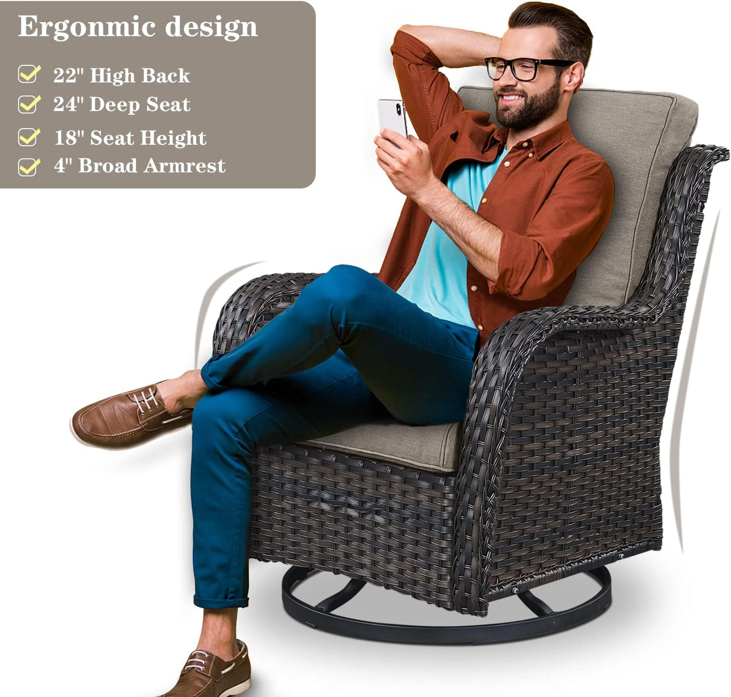 Outdoor Swivel Rcoker Patio Chairs - Outdoor Swivel Patio Chairs Set of 2 Wicker Chair Patio Furniture Sets with Covered Cushion for Porch Deck Balcony Garden, Gray