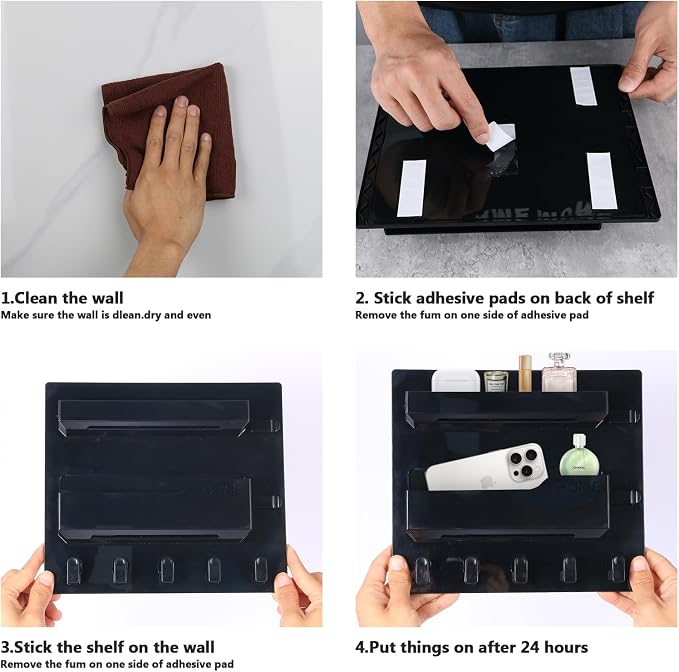 Bedside Shelf Wall Mount, Adhesive Bedside Shelf Accessories Organizer with Hooks and Cable Clips,Dorm Bedside Wall Storage for Phone, Remote, Earphone, Kindle,Plastic (5 Hooks Style-Black)
