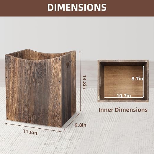 5 Gallon Wooden Trash Can Curved Design Office Waste Basket, Rectangular Farmhouse Garbage Can, Brown Vintage Wood Trash Can Storage Basket With Handles for Bedroom Office Living Room Decorative