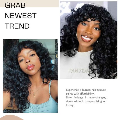OCTSUN Wear and Go Human Hair Wigs with Bangs Bouncy Curly Human Hair Wigs for Black Women Glueless Full Machine Made Wigs Human Hair Deep Wave None Lace Front Wigs with Bangs 24 Inch 180% Density