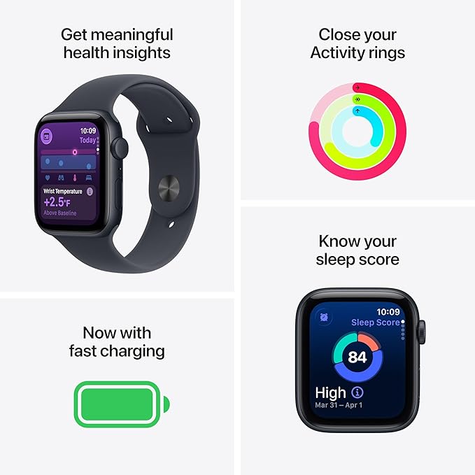 Apple Watch SE 3 [GPS 44mm] Smartwatch with Midnight Aluminium Case with Midnight Sport Band - M/L. Fitness and Sleep Trackers, Heart Rate Monitor with AppleCare+ (2 Years)