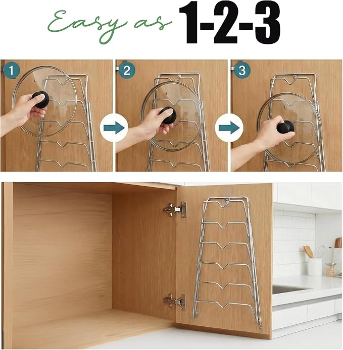 Evelots 6 Pot Lid Organizer for Cabinet Door or Pantry Wall - Closet Door Pots and Pans Lids Holder - Glass or Metal Pan Covers Cabinet Organizer Kitchen Storage - White 6 Tier Lid Rack