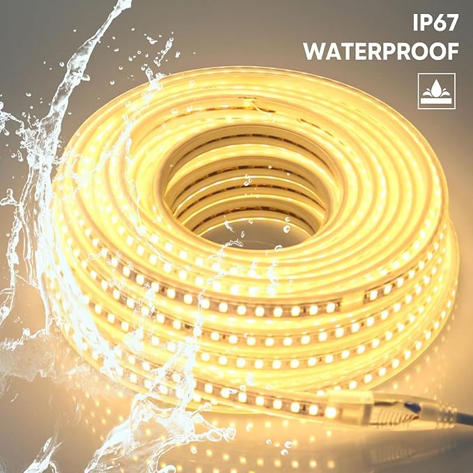 3.28ft LED Strip Lights AC 110V Waterproof Outdoor Light SMD 5730 120LEDs/m 3000K Warm White LED Rope Lights Flexible Cuttable LED Lights for Bedroom Wall Kitchen Under Cabinet Lighting