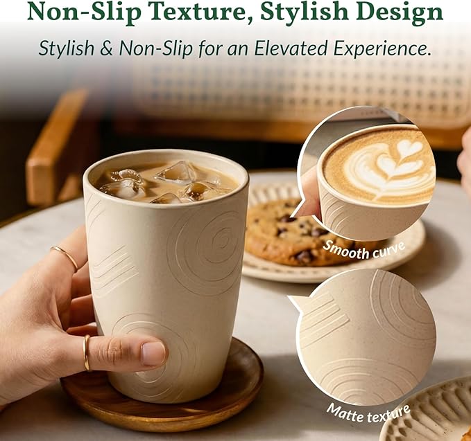 Homienly Plastic Cups Alternative 12oz - Wheat Straw Cups Set of 6 Reusable & Unbreakable Drinking Glasses Dishwasher & Microwave Safe Cups for Everyday Use-Beige