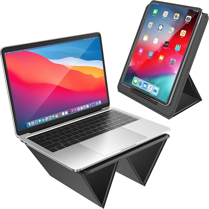 AboveTEK Ergonomic Laptop Stand & Tablet Holder for Desk,Portable Foldable Computer Riser,Adjustable Angle Travel Stand for MacBook Air/Pro,iPad,Fits 13-16 inch Devices,Ultra-Sleek PU Leather-(Black)