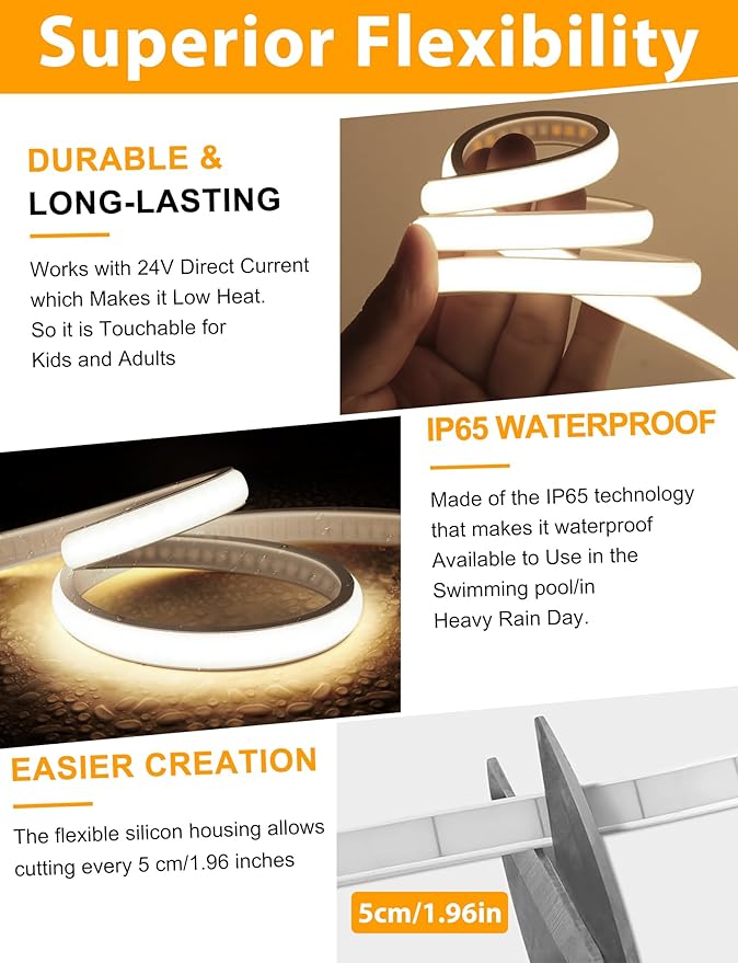 Lamomo COB LED Strip Lights, 32.8Ft Natural White Dimmable Self-Adhesive Led Rope Light with Remote, Flexible Cuttable Waterproof 4000K Silicone Neon Tape Light for Bedroom,Indoor, Cabinet, 10mm Width