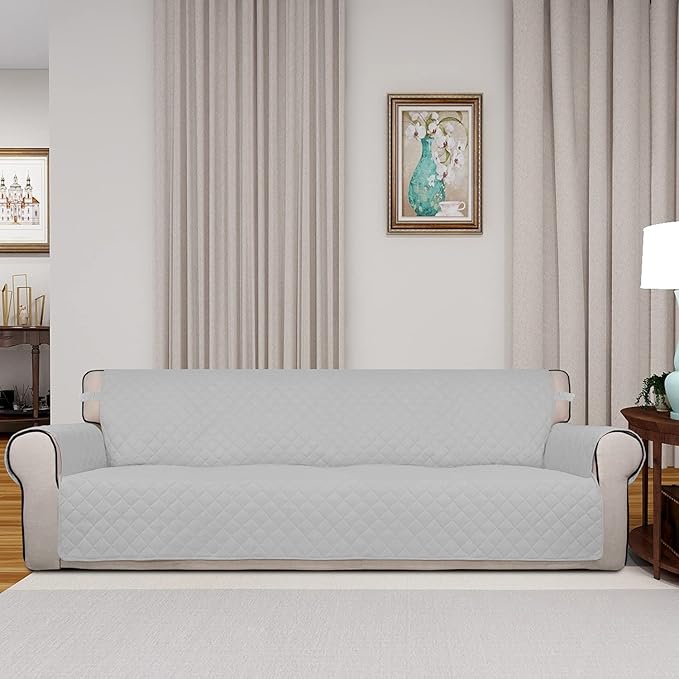 PureFit Reversible Quilted Sofa Cover, Water Resistant Slipcover Furniture Protector, Washable Couch Cover with Non Slip and Elastic Straps for Kids, Dogs, Pets (XX Large, Light Gray/Ivory)