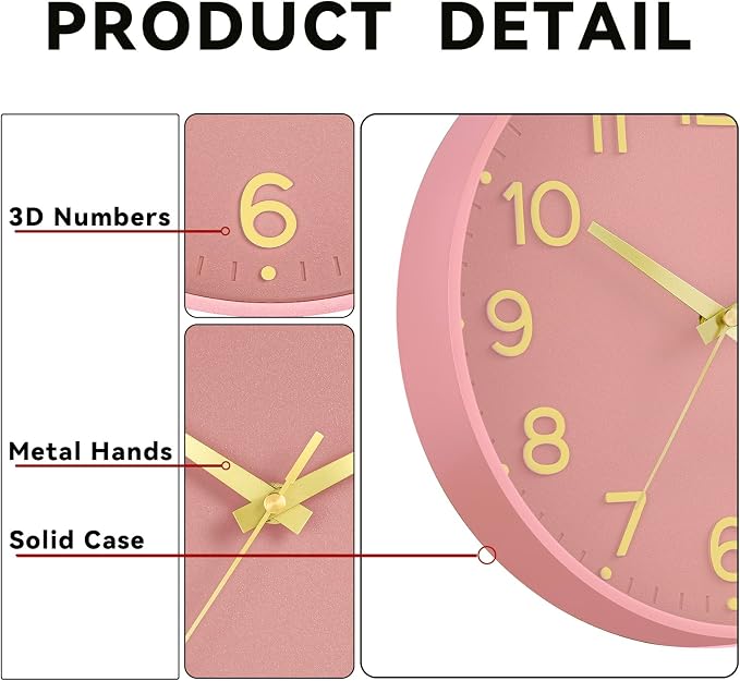 Roymnie Silent Wall Clocks Battery Operated 10 Inch-Modern Non Ticking Analog Clock Decorative for Kitchen Office Bathroom Bedroom(Pink Gold)