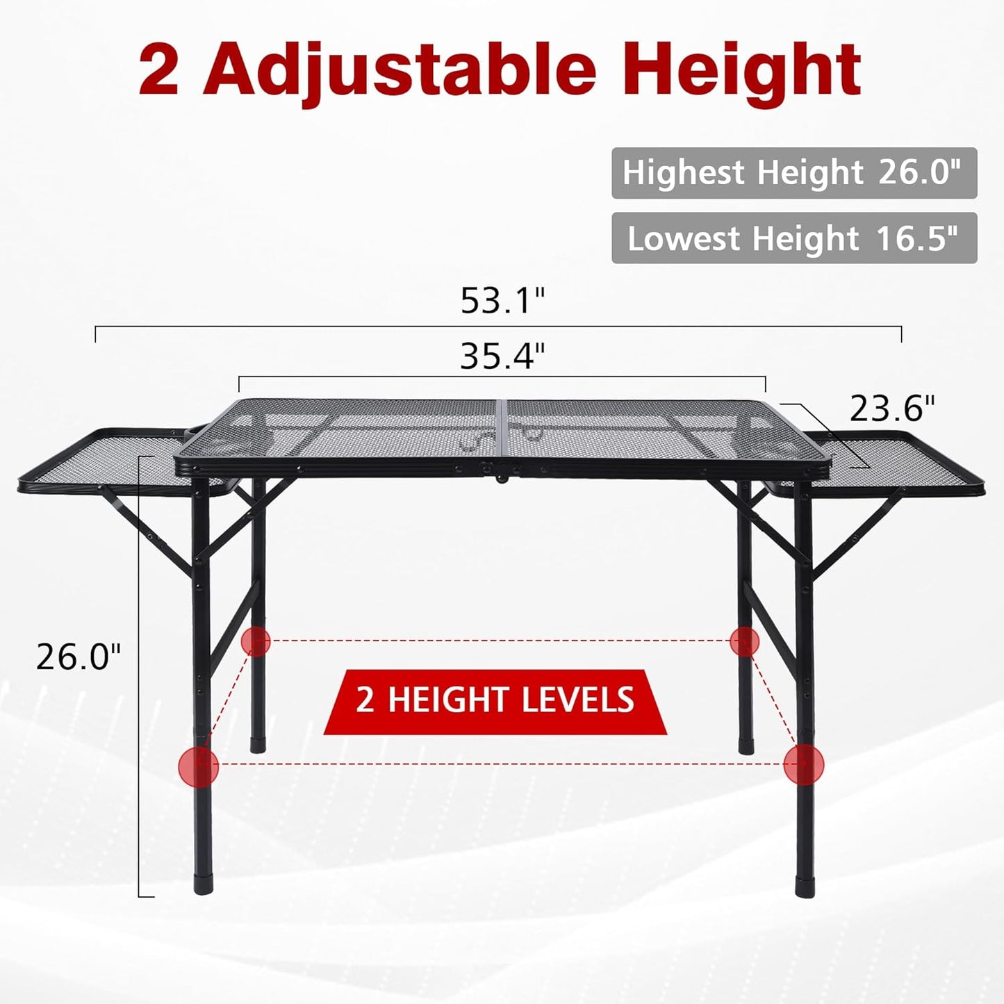 Folding Grill Table, 3x2 FT Portable Camping Table with 2 Wing Panels, Height Adjustable Metal Tables with Mesh Desktop and Mesh Bag, Outdoor Furniture for Camping, Picnic, Beach and BBQ, Black