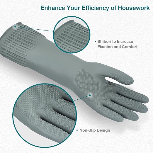 DABOGOSA Mamison 2 Pairs Reusable Waterproof Household Dishwashing Cleaning Rubber Gloves, Non-Slip Kitchen Glove (Grey, Large (Pack of 2))