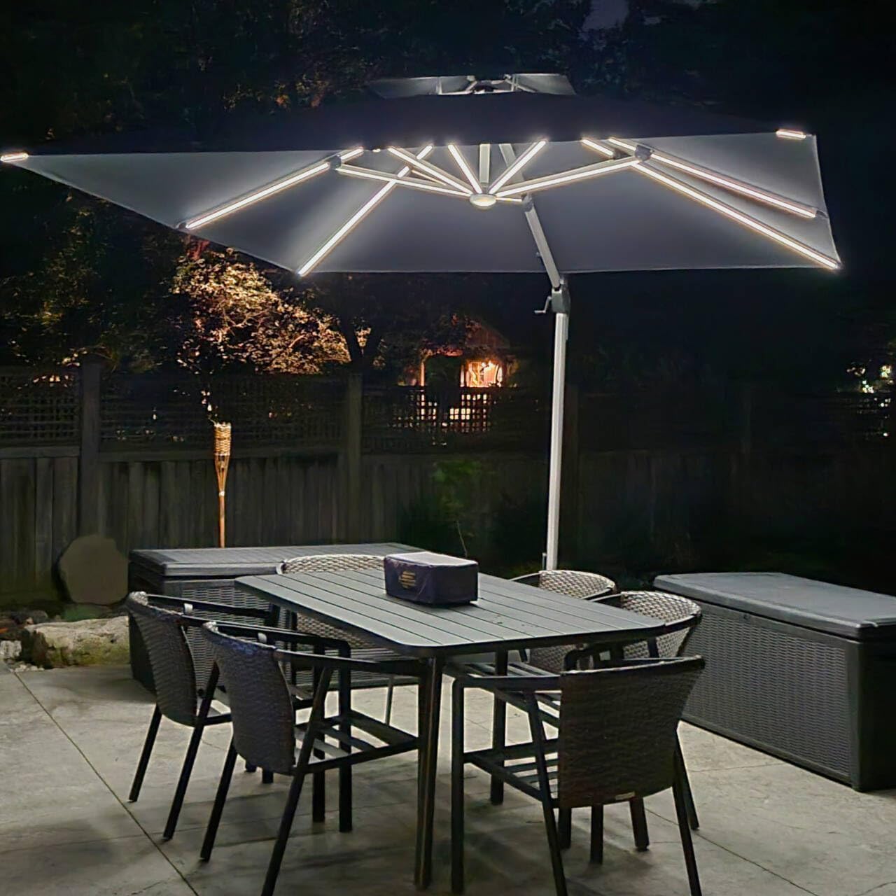 PURPLE LEAF 10 Feet Double Top Deluxe Solar Powered LED Square Patio Umbrella Offset Hanging Umbrella Outdoor Market Umbrella Garden Umbrella, Grey