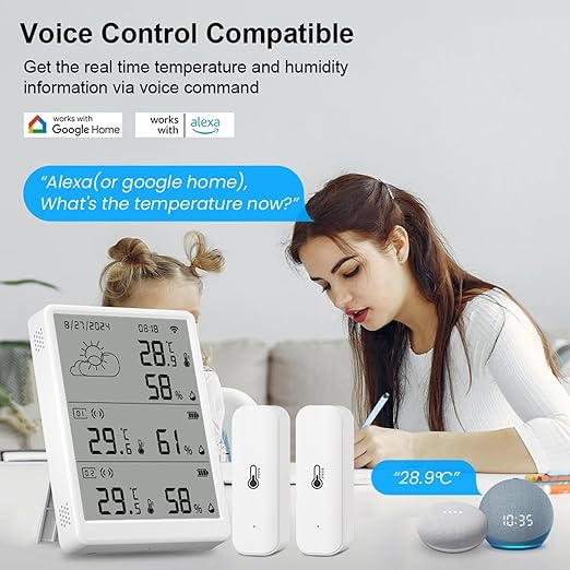 SENCKIT WiFi Hygrometer Thermometer, Digital Indoor Temperature Humidity Monitor with 1 Base Station + 3 Sensors, Smart Remote Monitor with App Alerts, Data Storage & Export, Compatible with Alexa