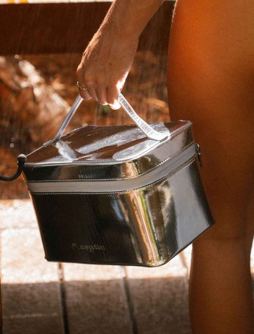 Stay Golden Metallic Silver Insulated Waterproof Makeup Bag for Women Heat-Resistant Travel Cosmetic & Toiletry Bag | Luxurious Vegan Leather Portable Makeup Organizer - Large