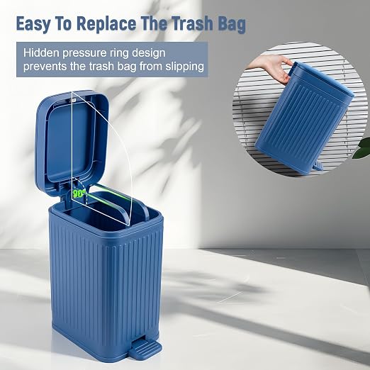 rejomiik Small Bathroom Trash Can with Lid Slim Soft Close Garbage Can Step Wastebasket Container Trash Bin for Office Bedroom Kitchen Living Room 1.9 Gallon, Navy Blue