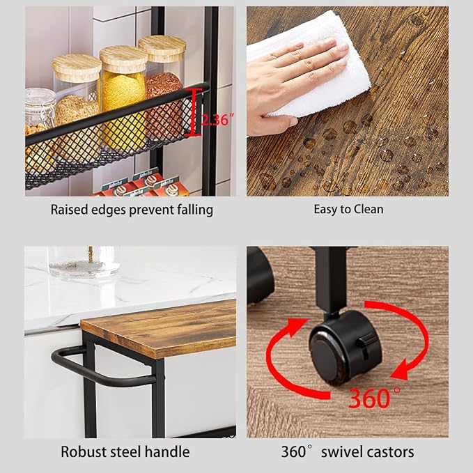 AZERPIAN Slim Rolling Cart 4 Tier Narrow Storage Cart on Wheels with MDF Board Top and Metal Handle for Small Space Kitchen Living Room Bathroom Laundry Room (16.38 x 9.06 x 30.31inch)
