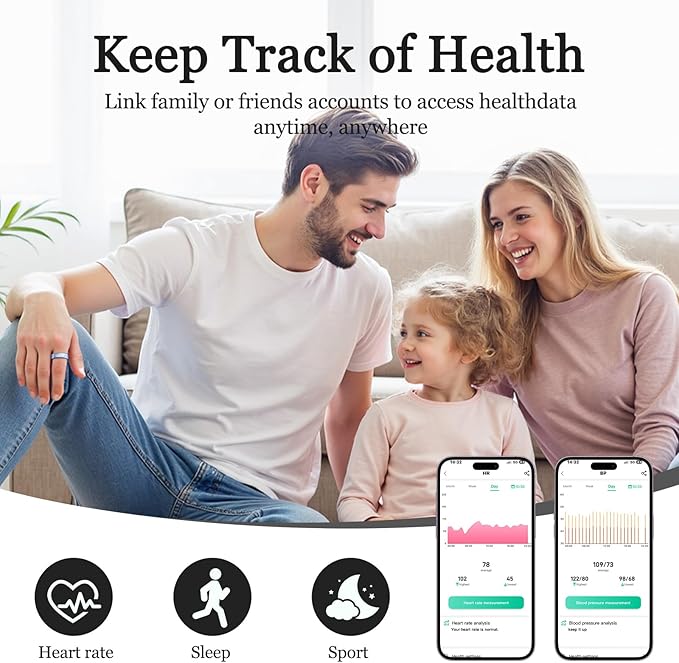Smart Ring for Women Men, Health Tracker with Heart Rate/Blood Oxygen/Blood Pressure/Sleep Monitoring/Step Counting, IP68 Waterproof Fitness Ring, No App Fees for iPhone & Android (Blue, 7#)