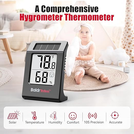 2.2'' Digital Thermometer and Hygrometer Meter, Solar-Powered Indoor Temperature Sensor Humidity Monitor, Humidity Gauge for Baby Rooms, Bedrooms, Home, Office, and Wine Cellars, Black, 2Pack
